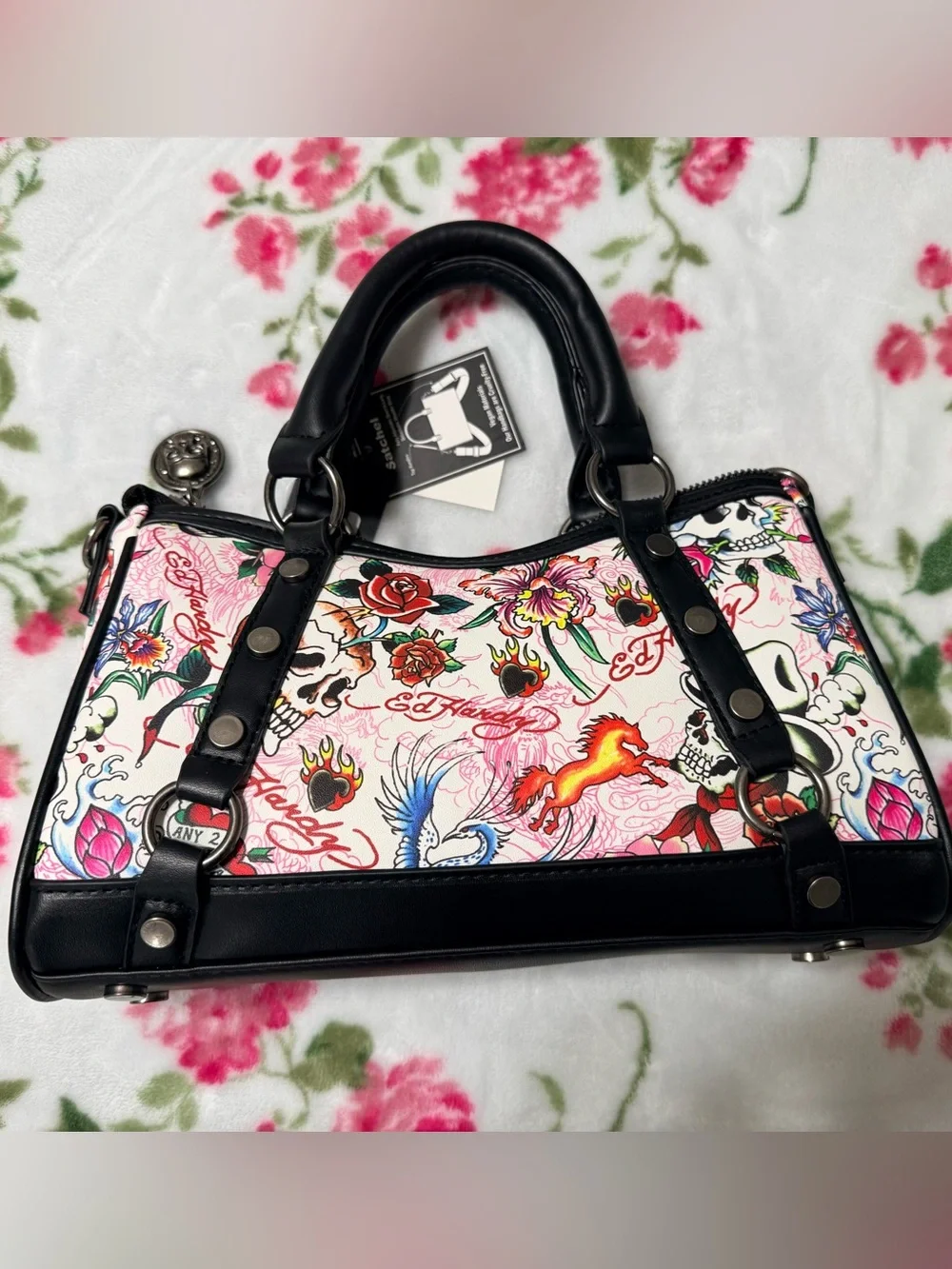 Ed Hardy Pink Floral & Skull Tattoo-Print Satchel with Black Trim